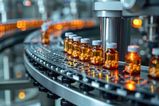 Une ligne de production pharmaceutique industrielle avec des bouteilles de pilules montrées dans les progrès du processus