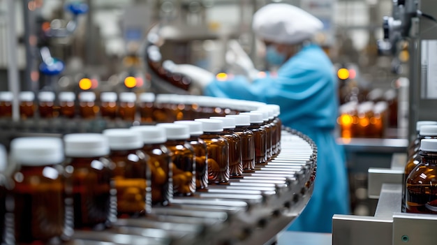 Ligne de production pharmaceutique avec un travailleur supervisant le processus Bouteilles sur un convoyeur dans un cadre d'usine présentant la fabrication industrielle de soins de santé AI