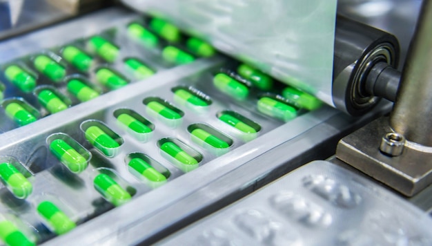 Ligne de production de pilule médecine capsule verte, concept pharmaceutique industriel.