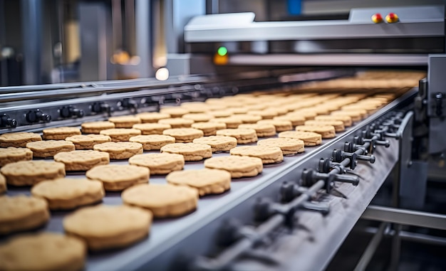 Ligne de production pour la cuisson de biscuits Biscuits sur un tapis roulant dans une usine de confiserie