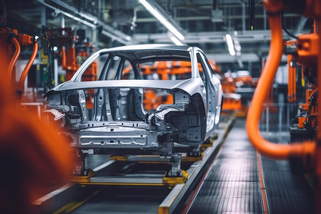 Photo ligne de production de voitures montage d'une voiture sur une bande transporteuse vue rapprochée d'une carrosserie de voiture industrie automobile intérieur d'une usine de haute technologie production moderne