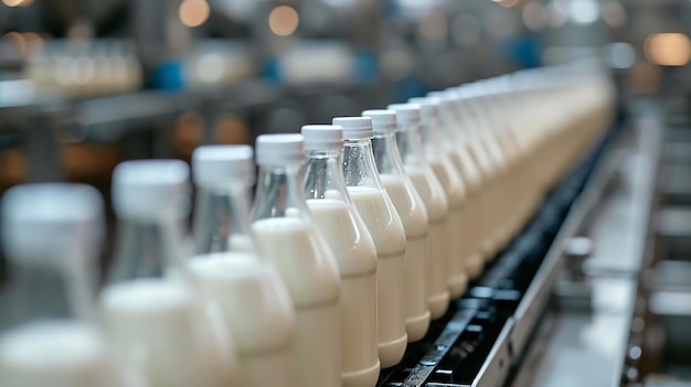 Une ligne de remplissage de bouteilles avec du yaourt ou du lait dans un processus automatisé de production laitière. IA générative