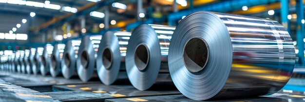 Une ligne de rouleaux d'acier est vue dans un cadre d'usine montrant le processus industriel de fabrication. Les rouleeaux sont soigneusement alignés, prêts à la production.
