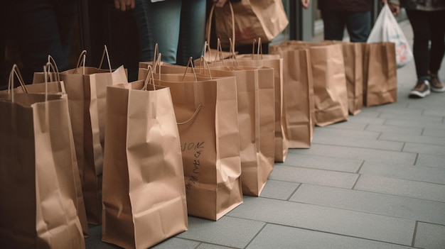 Une ligne de sacs en papier brun avec le mot café sur le côté