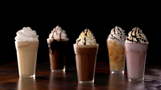 Une ligne de tasses à café glacé avec de la crème fouettée et du sirop de chocolat