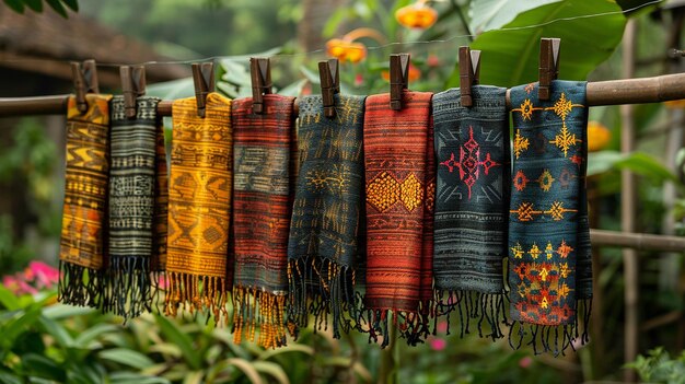 Photo une ligne de textiles brodés colorés tissés à la main suspendus à un arbre