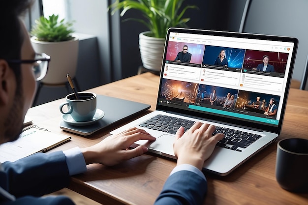 en ligne et vidéo sur Internet concerts en direct webinars en ligne gens d'affaires mains utilisant ordinateur portable pour la diffusion en ligne