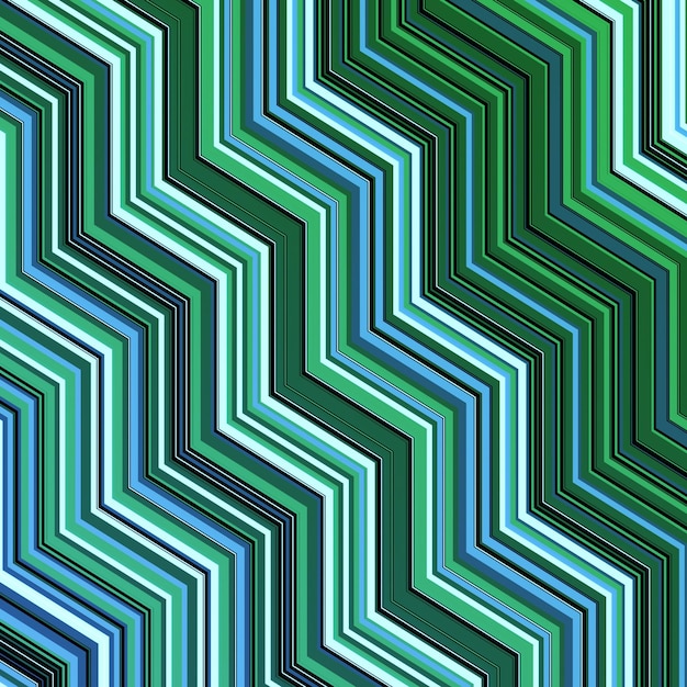 Lignes abstraites de forme étagée de lumière verte et bleue, zigzag - illustration 3D