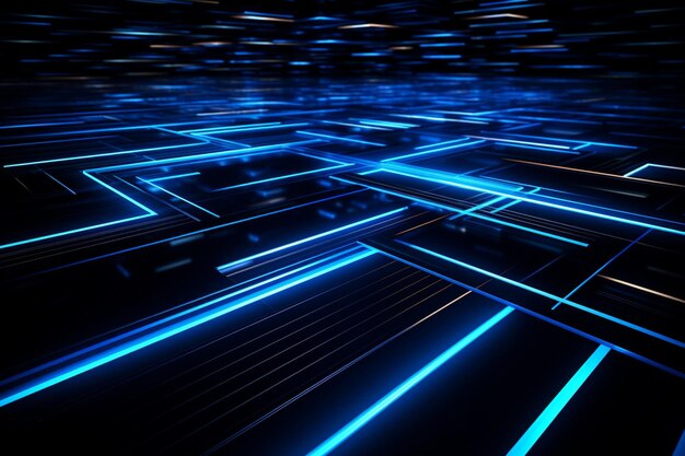 Photo des lignes bleues au néon abstraites sur fond noir, des reflets éclairés sur le sol, une technologie futuriste.