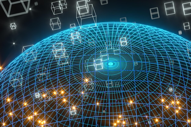 Photo lignes de données et modèle terrestrelignes lumineuses et cubesrendu 3d