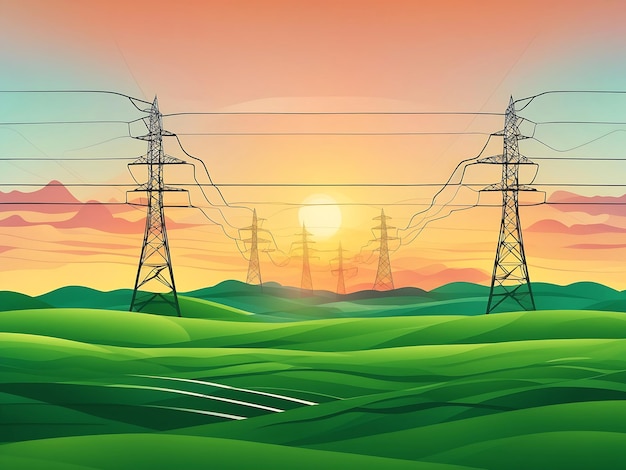 Lignes électriques au coucher du soleil dans un paysage minimaliste avec des tours de transmission et des champs verts