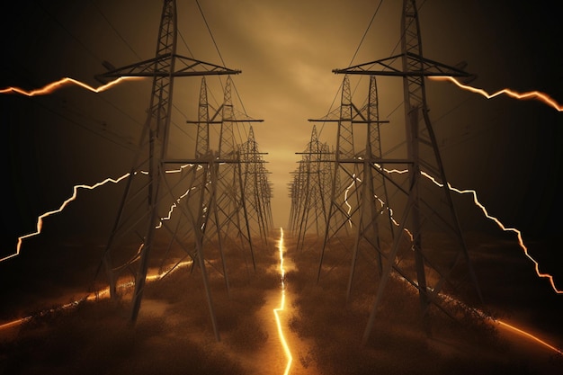 Lignes électriques dans un champ avec des éclairs