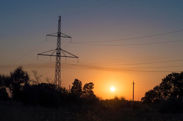 Lignes électriques sur fond de coucher de soleil