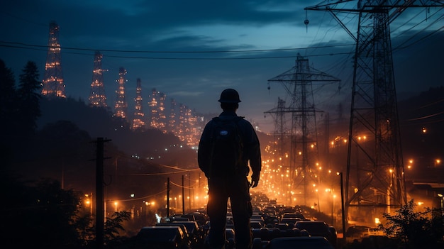 lignes électriques à haute tension et tours le soir