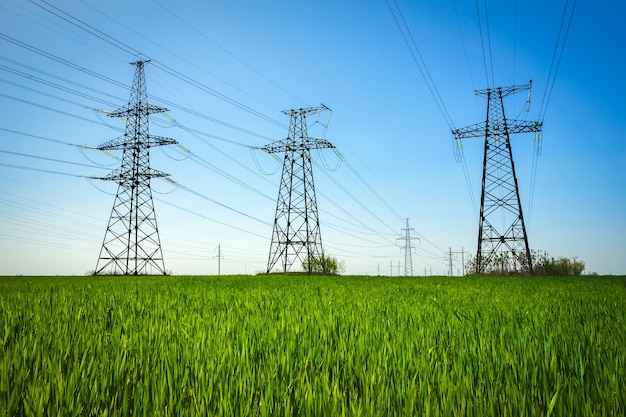 Les lignes à haute tension contre le ciel bleu