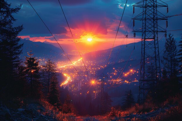 Photo les lignes à haute tension et les tours de fer transmettent l'électricité aux villes au coucher du soleil.