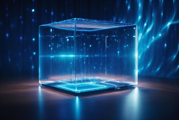 Les lignes lumineuses bleues pénètrent dans l'arrière-plan du sens de la technologie du cube flottant