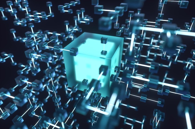 Lignes lumineuses et cubes fond technique et scientifique rendu 3d