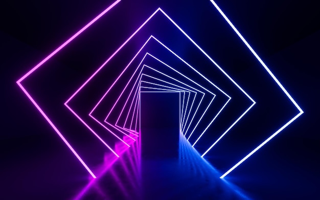 Lignes de néon rougeoyantes et rendu 3d du tunnel