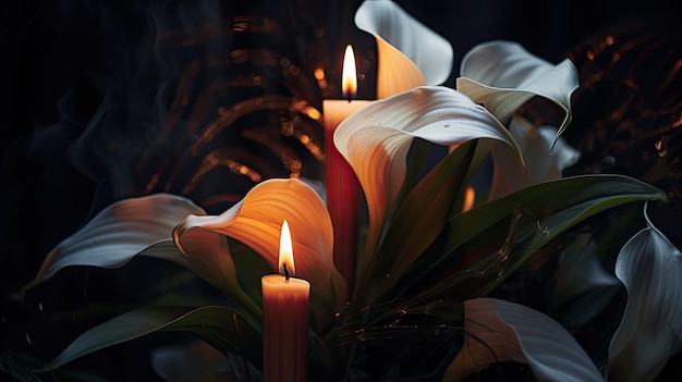 Photo des lilas et des bougies brûlantes dans l'obscurité