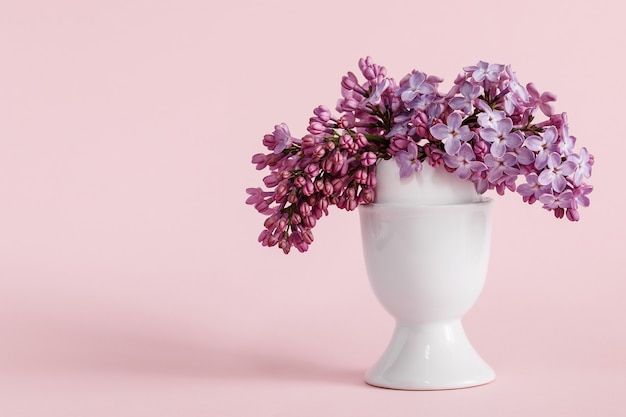 Lilas dans un vase blanc-oeuf se tenir sur un rose avec espace