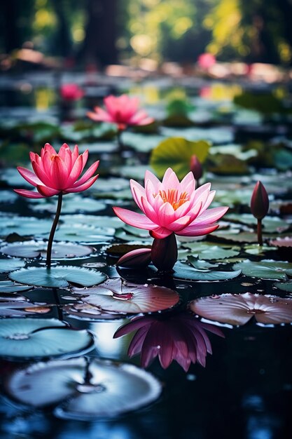 lilas d'eau sur le lac reflétant l'eau arbres dans la forêt lotus sauvage au coucher du soleil