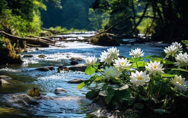 Lily d'eau sur le lac reflétant l'eau arbres dans la forêt lotus sauvage au coucher du soleil ciel sur la mer