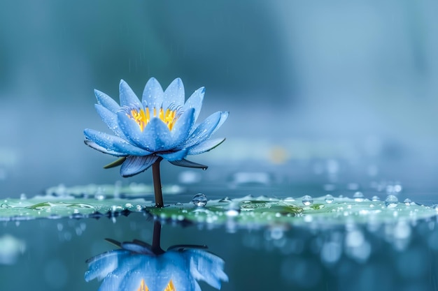 Lily d'eau serein sous la pluie sur l'étang tranquille Fleur bleue avec des gouttes d'eau réfléchissant dans le calme