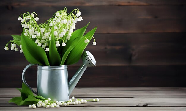 Photo lily of the valley dans une boîte d'arrosage sur fond de bois