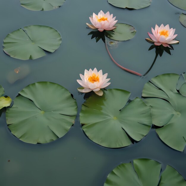 un lily pad flottant dans un étang avec des feuilles et des fleurs