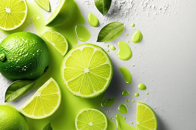 Limes avec feuilles et gouttes d'eau sur une surface blanche IA générative