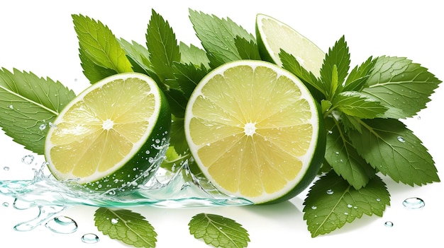 Limes et feuilles de menthe dans une éclaboussure d'eau