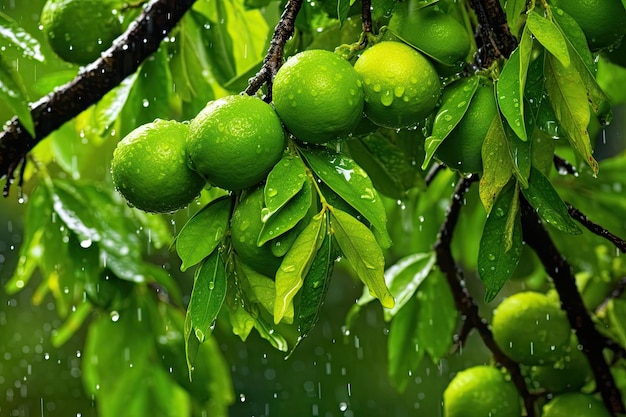 Limes vertes sur un arbre avec des gouttes de pluie dessus