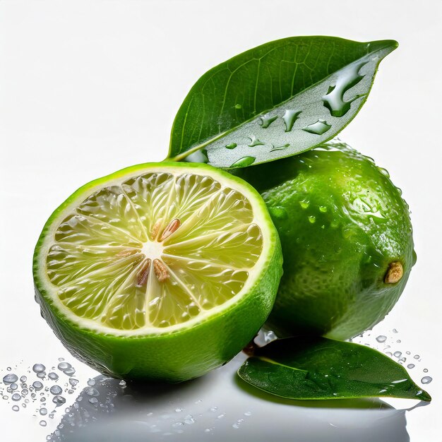 Limon vert coupé en deux et tranches isolées sur fond blanc