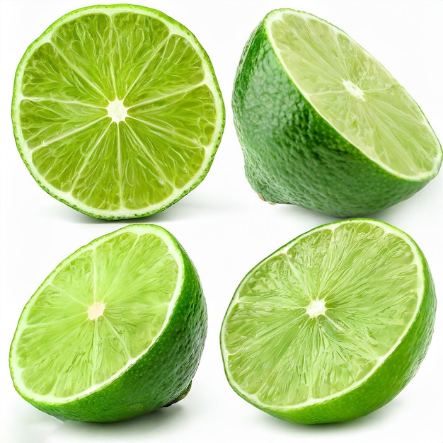 Limon vert coupé en deux et tranches isolées sur fond blanc