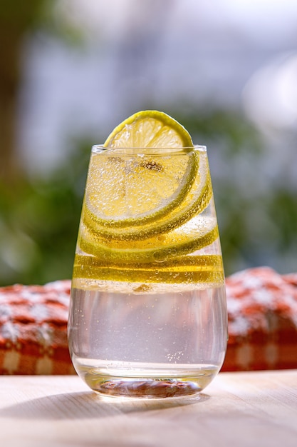 Limonade au citron frais en verre sur jardin