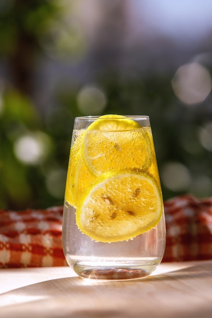 Limonade au citron frais en verre sur jardin.