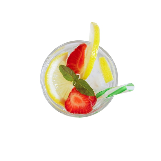 Limonade aux fraises avec des tranches de citron Limonade maison isolée Vue de dessus Boire dans un bocal en verre