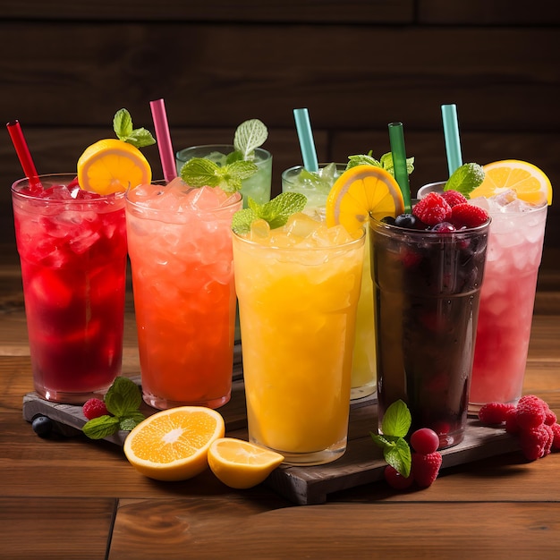 Limonade aux fruits avec des baies et de la glace sur fond de bois