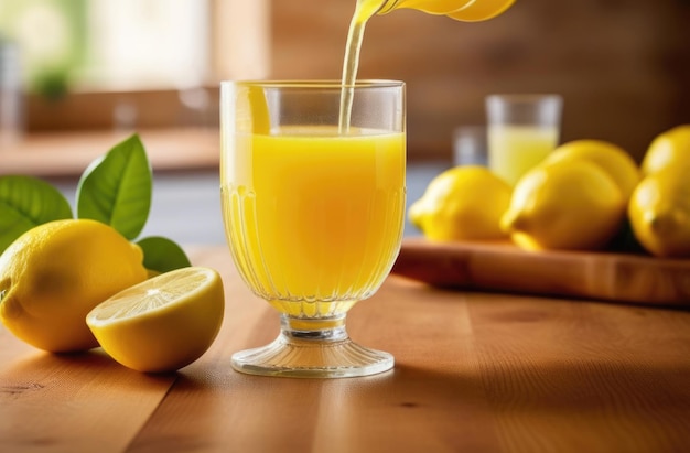 une limonade d'été rafraîchissante est versée dans un verre un verre de jus de citron fraîchement pressé sur une table en bois citrus boisson citrons mûrs cuisine lumineuse jour ensoleillé