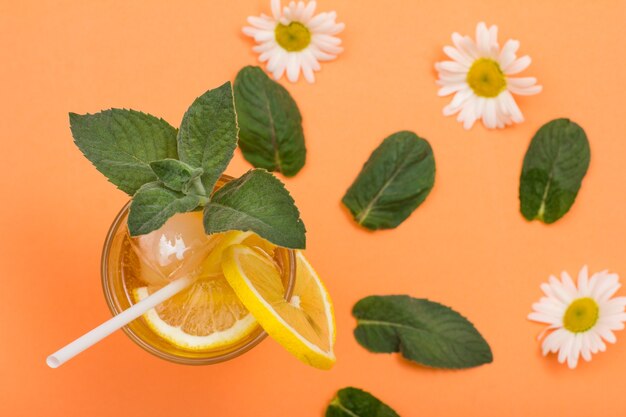 Limonade d'été rafraîchissante et froide avec de la glace et des tranches de citron dans un grand verre avec des feuilles de menthe et des fleurs de camomille sur fond couleur pêche. Vue de dessus