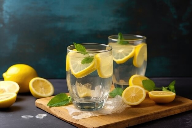 Limonade d'été rafraîchissante avec une tranche de citron frais et de glaçons créés avec une IA générative