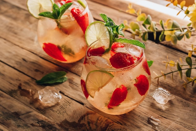 Limonade fraîche au thé vert citron vert menthe et fraise sur fond de bois boisson d'été froide deux verres avec thé glacé aux baies mise au point sélective rétroéclairé