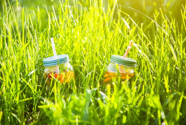 Limonade fraîche dans des bocaux avec des pailles. Boissons d'été hipster. Respectueux de l'environnement dans la nature. Citrons, oranges et baies à la menthe dans le verre. L'herbe haute verte à l'extérieur.