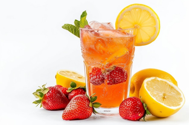 Une limonade fraise rafraîchissante avec des fraises et des citrons autour.