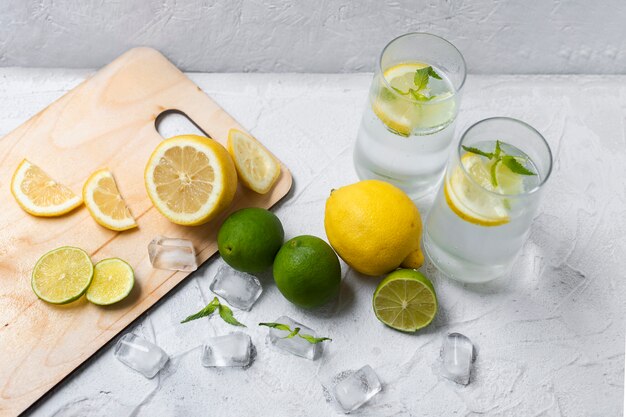 Limonade froide au citron glacé, citron vert et menthe