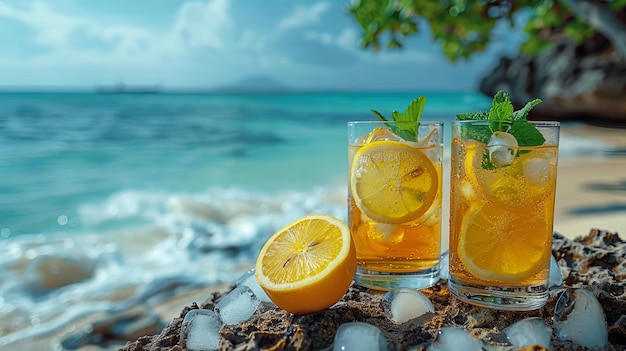 Limonade avec de la glace et de la menthe Deux verres sur le côté La plage et l'océan en arrière-plan