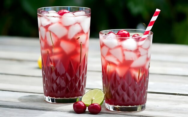 Limonade et jus de cerise gravés sur la table