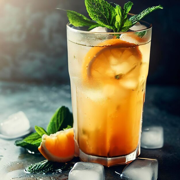 Limonade orange d'été froide à la menthe et à la glace dans un verre