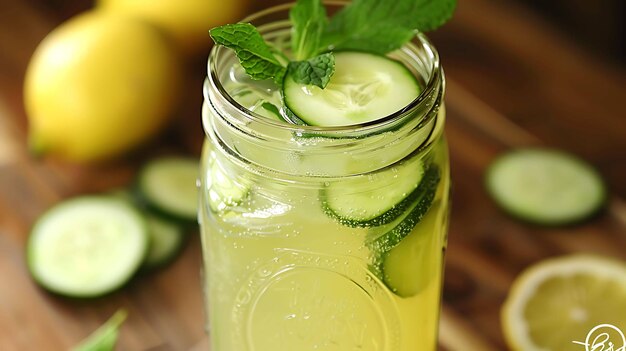 Une limonade rafraîchissante et saine au concombre dans un pot de maçon avec des tranches de concombre et des feuilles de menthe